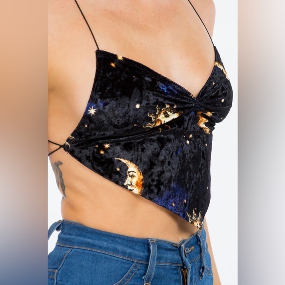 Bear Dance Sun & Moon Printed Velvet Crop Top With Cross Back & Ruched Detail - Picture 3 of 7